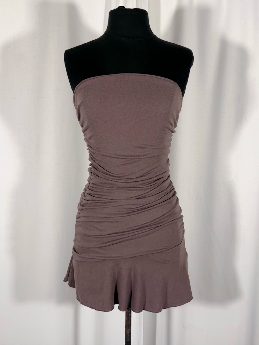 Strapless Ruched Drop Waist Mini Dress